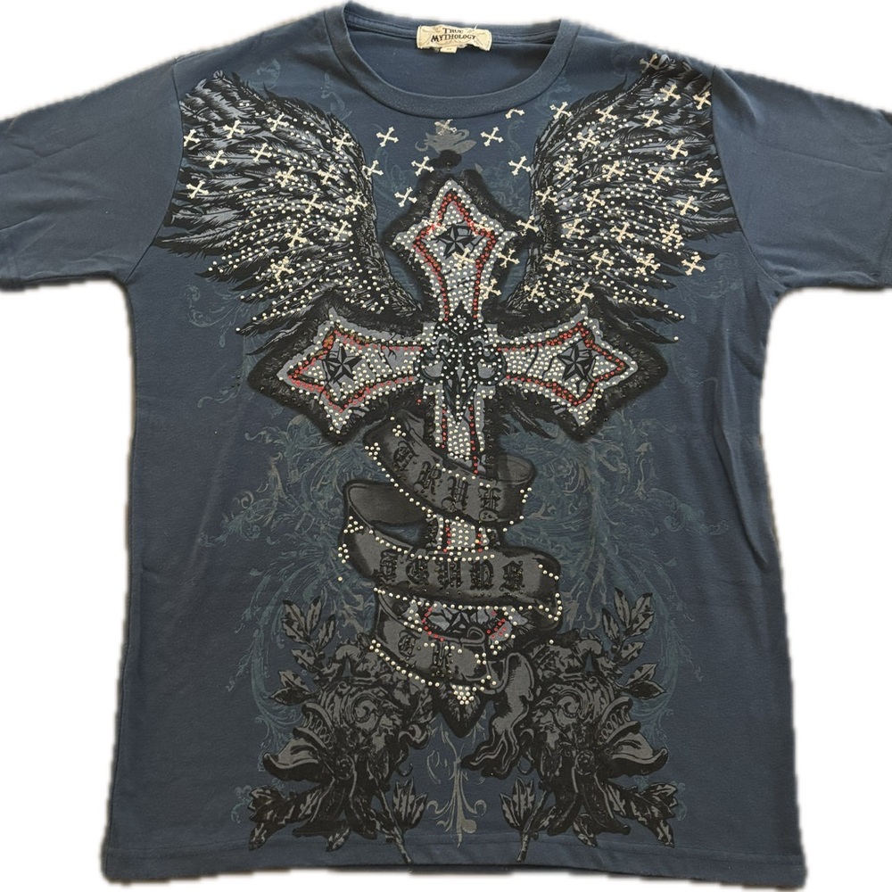 Men's Blue Graphic Tee with Cross Design